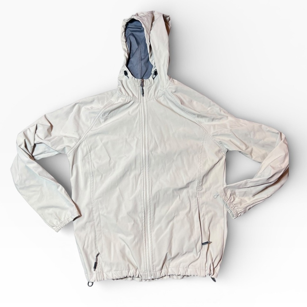 New Balance Mens Large Full Zip‎ Hooded Windbreaker Raincoat Jacket Light Gray